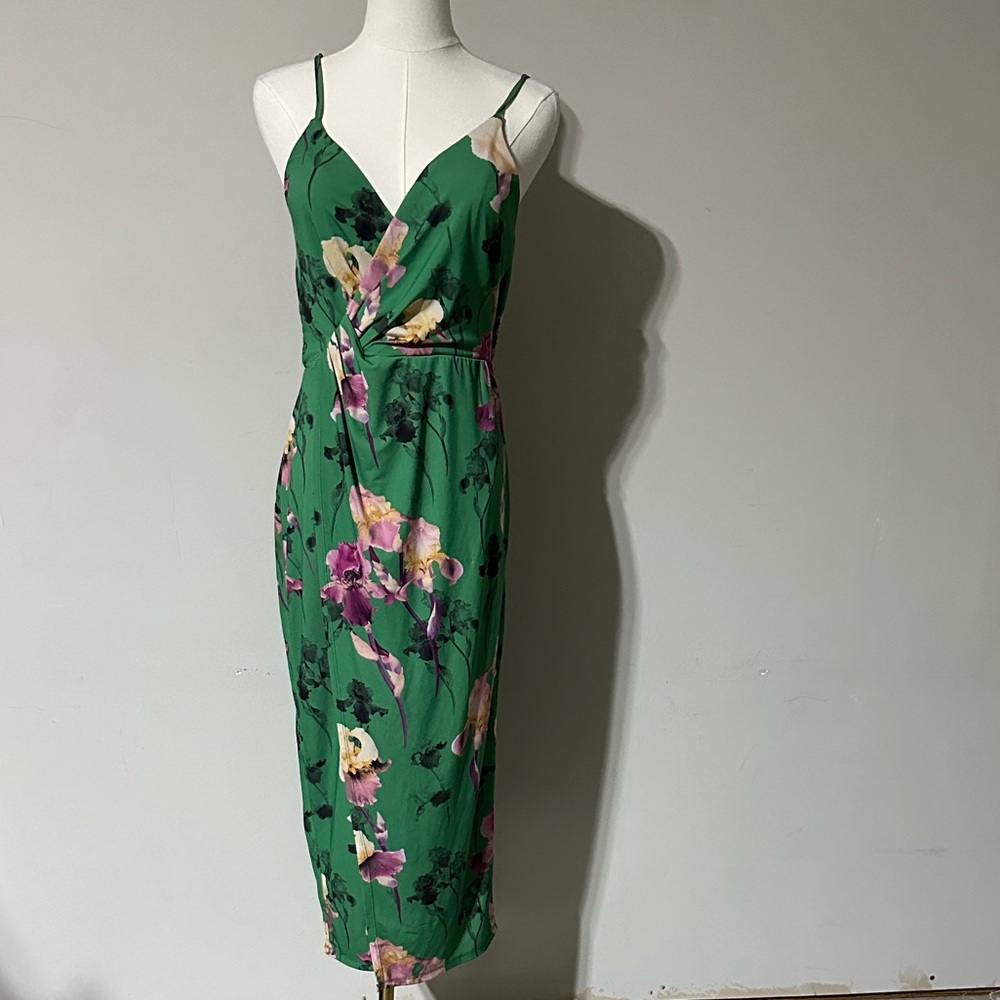 ASOS Green Floral Midi Dress Open Back Bodycon Strappy Size 4